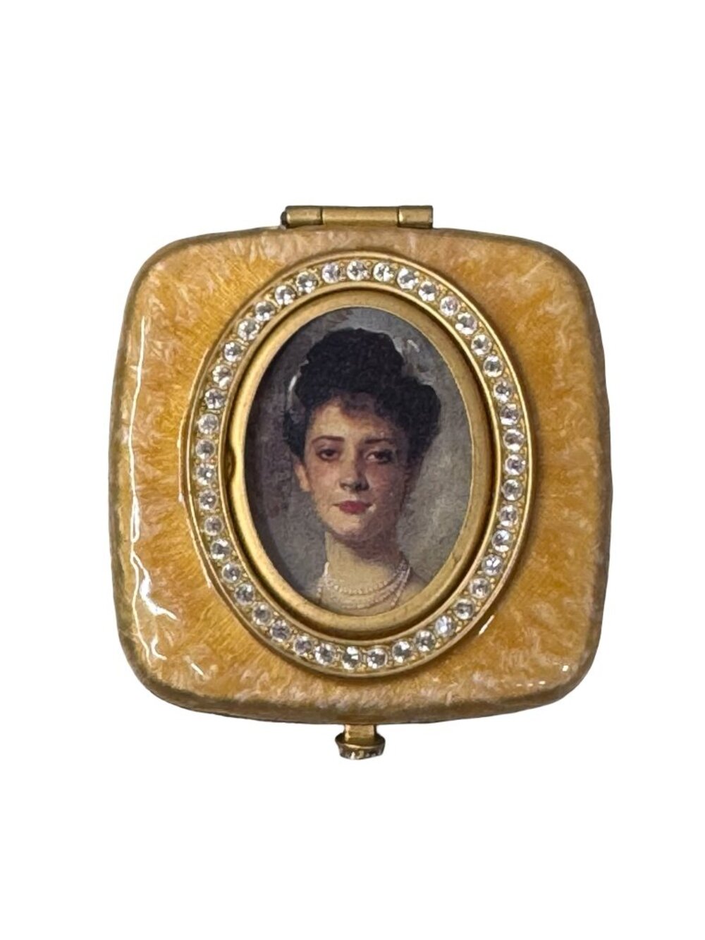 Jay Strongwater Gold Crystal Compact Mirror Oval Woman Portrait & Enamel Detail